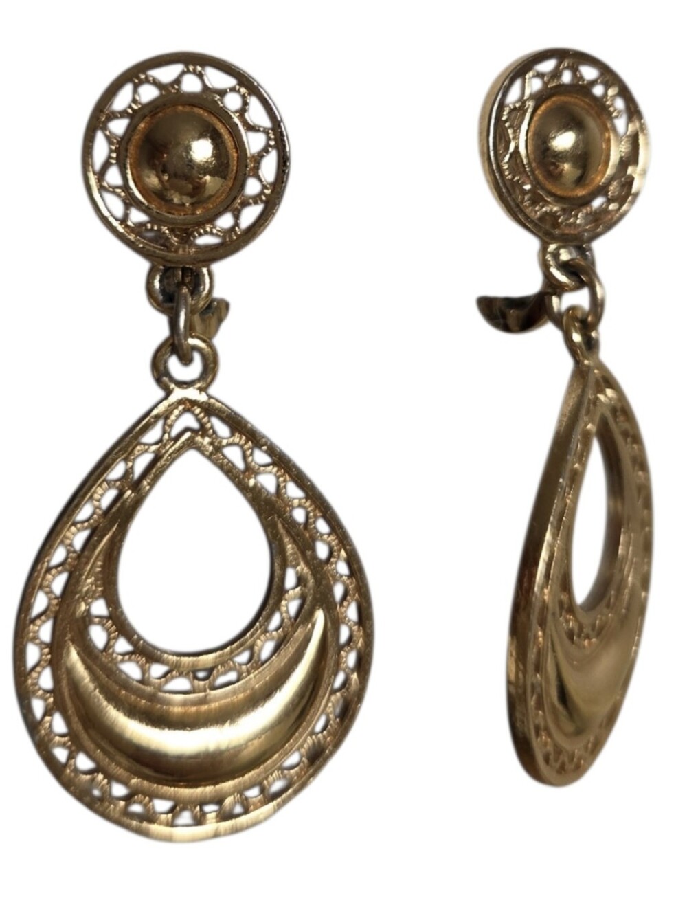 vintage monet gold tone clip on earrings filigree crescent teardrop